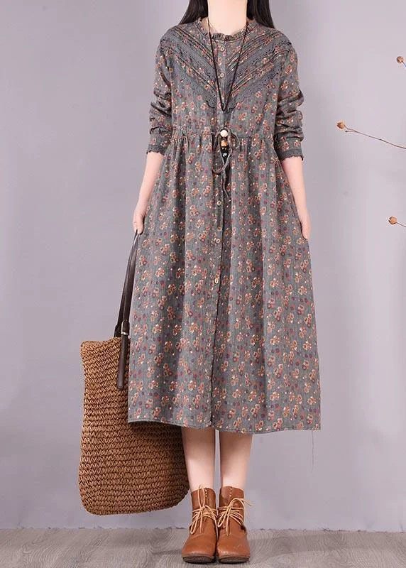 Organic O Neck Patchwork Spring Tunic Pattern Shirts Gray Print Maxi Dresses Stylish V-Neck Maxi Dress