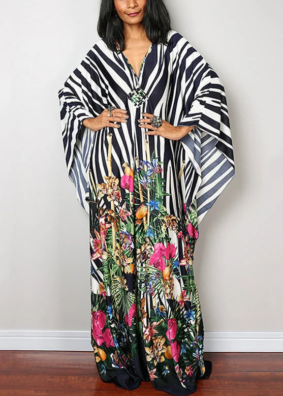 Organic V Neck Striped Patchwork Print Maxi Dress Batwing Sleeve Comfortable Maxi Dress with Sleeves