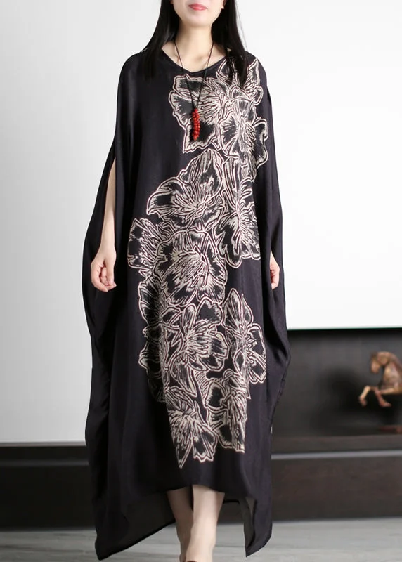 Original Design Black O-Neck Print Silk Maxi Dress Batwing Sleeve Elegant Sleeveless Maxi Dress