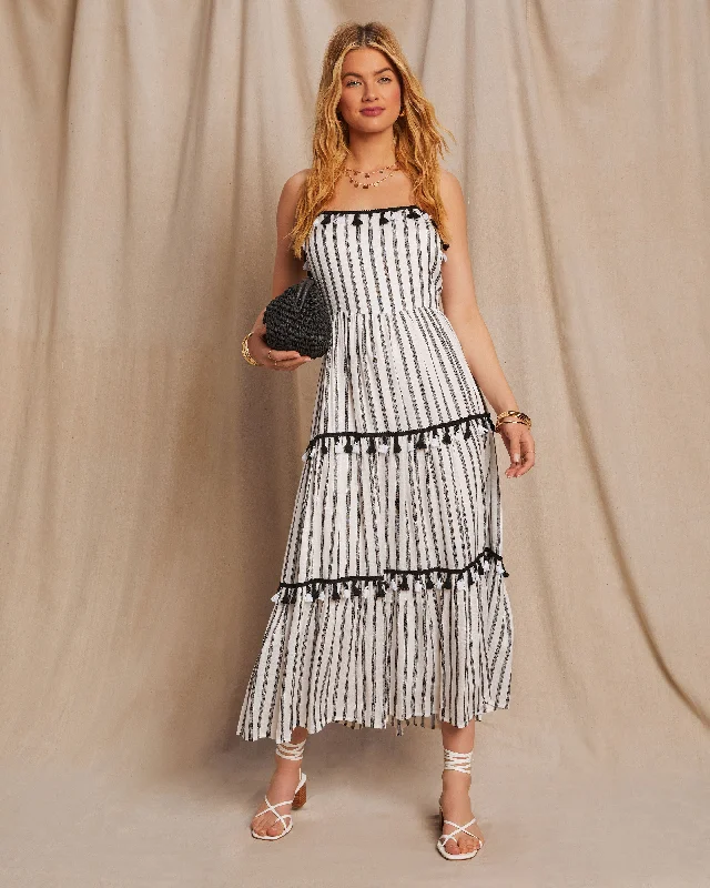 Paislee Tassel Striped Tiered Midi Dress Stylish Button-Up Midi Dress