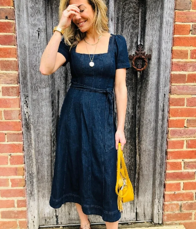 Panelled Denim Midi Dress Trendy A-Line Midi Dress