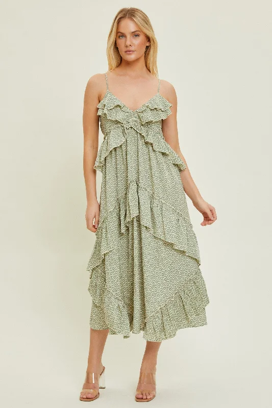 Peplum Maxi Dress (green/cream) Comfortable Cotton Maxi Dress