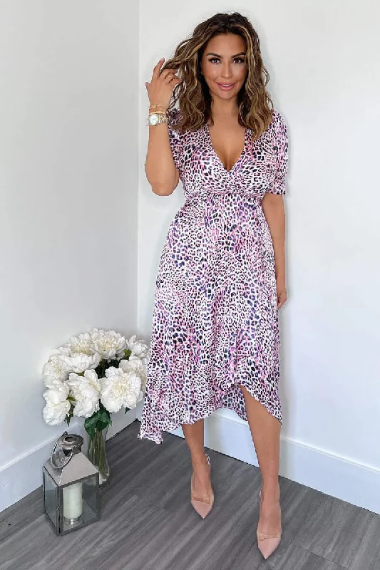 Pink Animal Print Wrap Side Tie Midi Dress Stylish Long Sleeve Floral Midi Dress