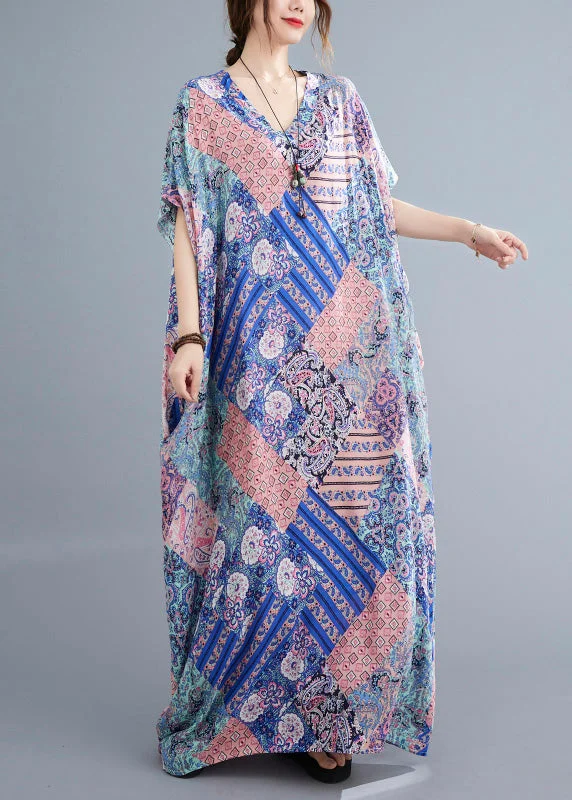 Pink Blue Patchwork Vacation Cotton Maxi Dresses Summer Elegant Maxi Dress with Pockets