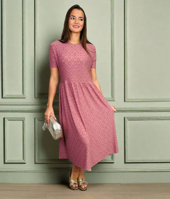 Pink Broderie Anglaise Stretch Midi Dress Cozy Spaghetti Strap Midi Dress