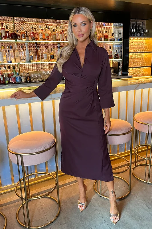 Plum 3/4 Sleeves Gathered Waist Shirt Midi Dress Stylish Cold Shoulder Midi Dress