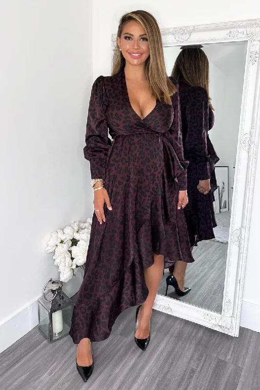 Plum Animal Print Long Sleeve Wrap Over Frill Hem Midi Dress Fashionable Floral Embroidery Midi Dress