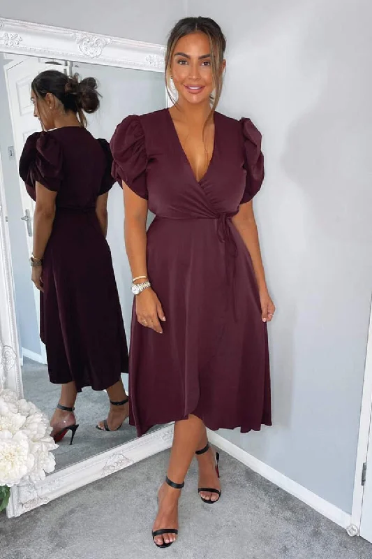 Plum Wrap Over Tie Midi Dress Stylish Pleated Skirt Midi Dress