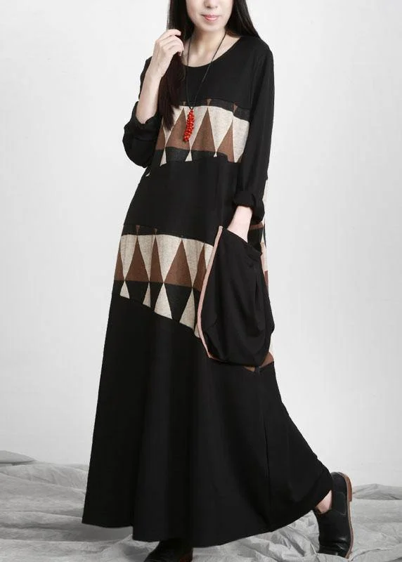 Plus Size Black Patchwork Print Pockets Asymmetrical Design Maxi Dress Fall Cozy Ruffle Sleeve Maxi Dress