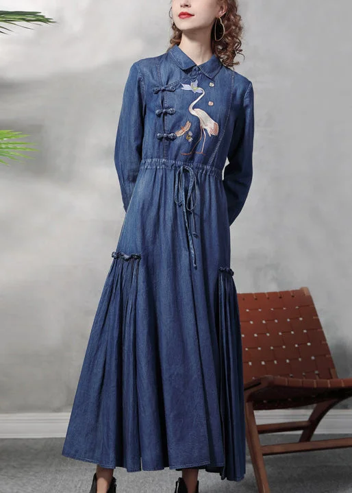 Plus Size Blue drawstring wrinkled Peter Pan Collar Embroideried Patchwork Cotton Maxi Dresses Long Sleeve Chic Button-Up Maxi Dress