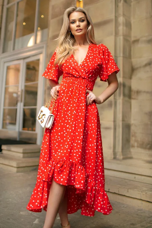 Red And White Polka Dot Printed High Low Midi Dress Trendy A-Line Midi Dress