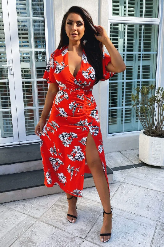 Red Floral Print Bell Sleeve Midi Dress Fashionable A-Line Midi Dress