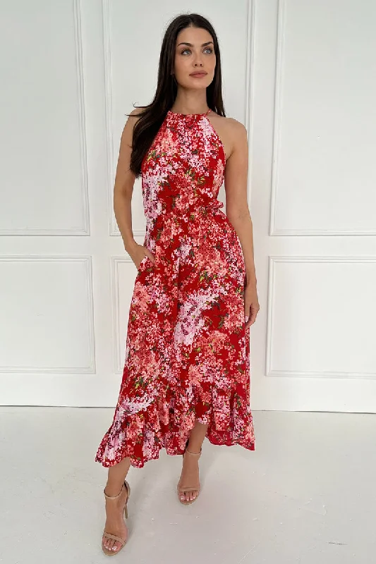 Red Floral Printed Frill Hem High Neck Midi Dress Cozy Spaghetti Strap Midi Dress