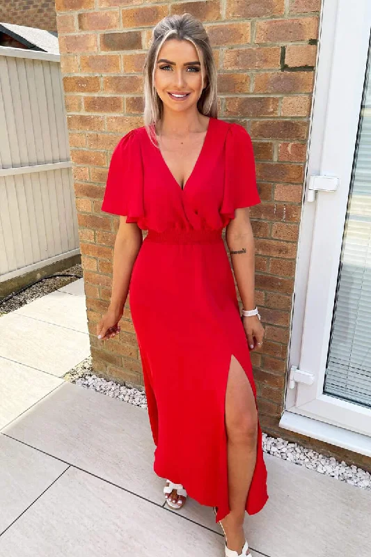 Red Gathered Waist Midi Dress Trendy Off-Shoulder Button Midi Dress