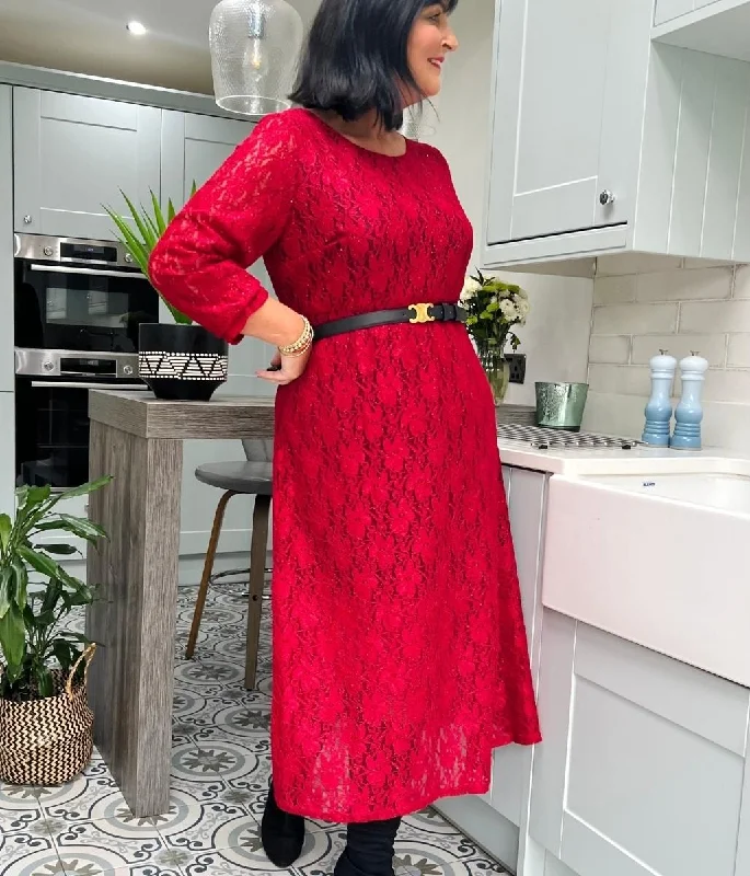 Red Lace Overlay Midi Dress Trendy Shift Midi Dress