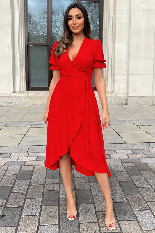 Red Wrap Side Tie Midi Dress Trendy Tiered Hem Midi Dress