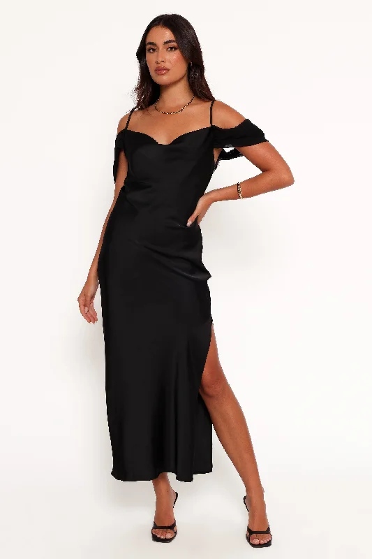 Reyna Off Shoulder Maxi Dress - Black Comfortable Satin Maxi Dress