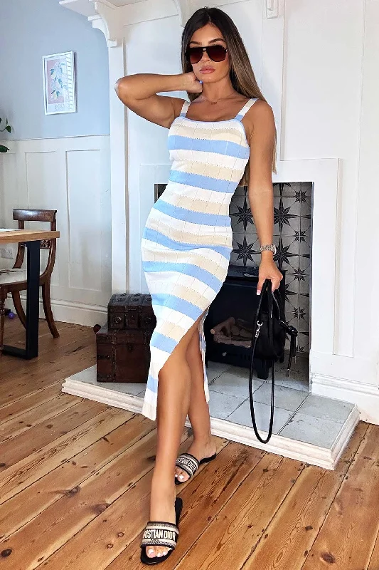 Ribbed Striped Midi Dress With Side Split Sky Blue Comfortable Button Front Midi Dress