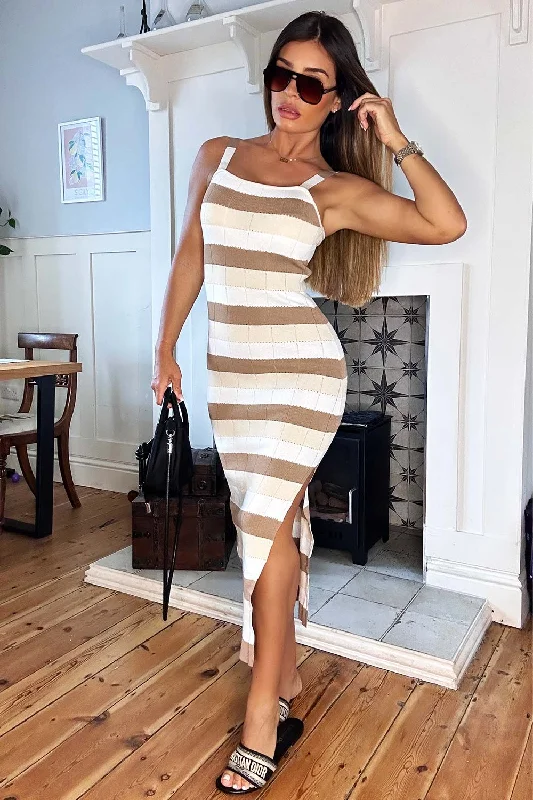 Ribbed Striped Midi Dress With Side Split Stone Stylish Satin Midi Dress