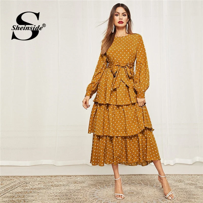 Sheinside Polka Dot Self Belted Layered Hem Dress Women 2019 Elegant Bishop Sleeve Dresses Fit and Flare Layered Maxi Dress Cozy Longline Maxi Dress