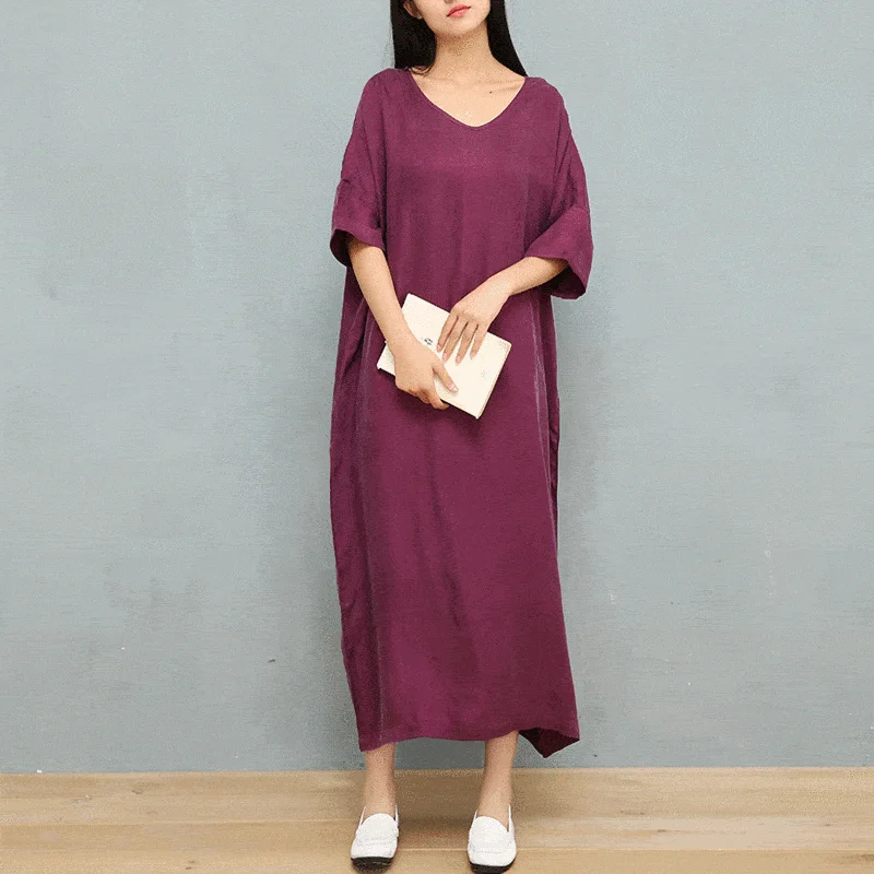 Simple V-Neck Solid Color Silk Midi Dresses Trendy Tiered Hem Midi Dress