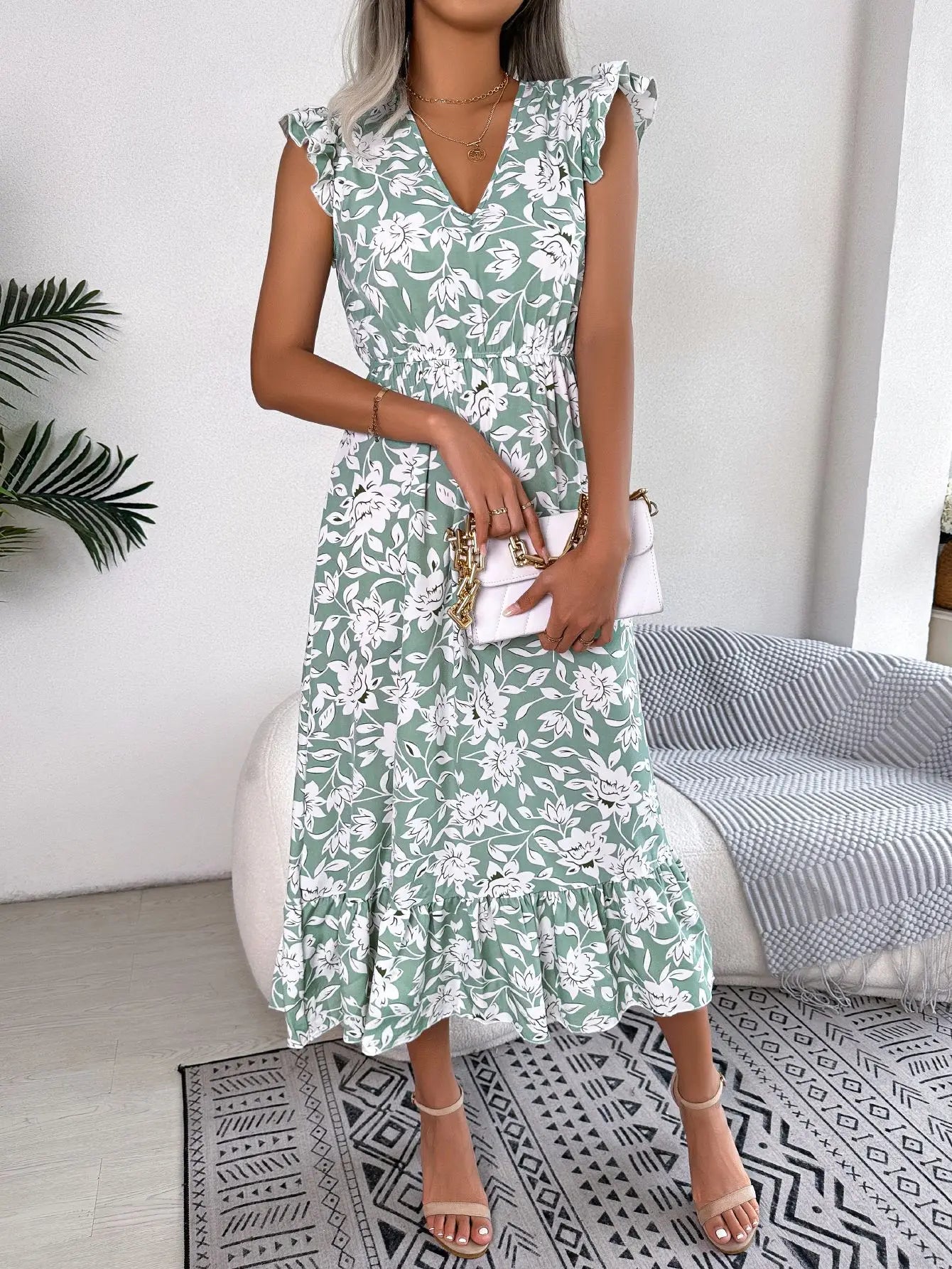 Amy Fashion - Sleeveless V Neck Summer A Line Midi Dress Boho Dress Fashionable Wide Leg Midi Dress