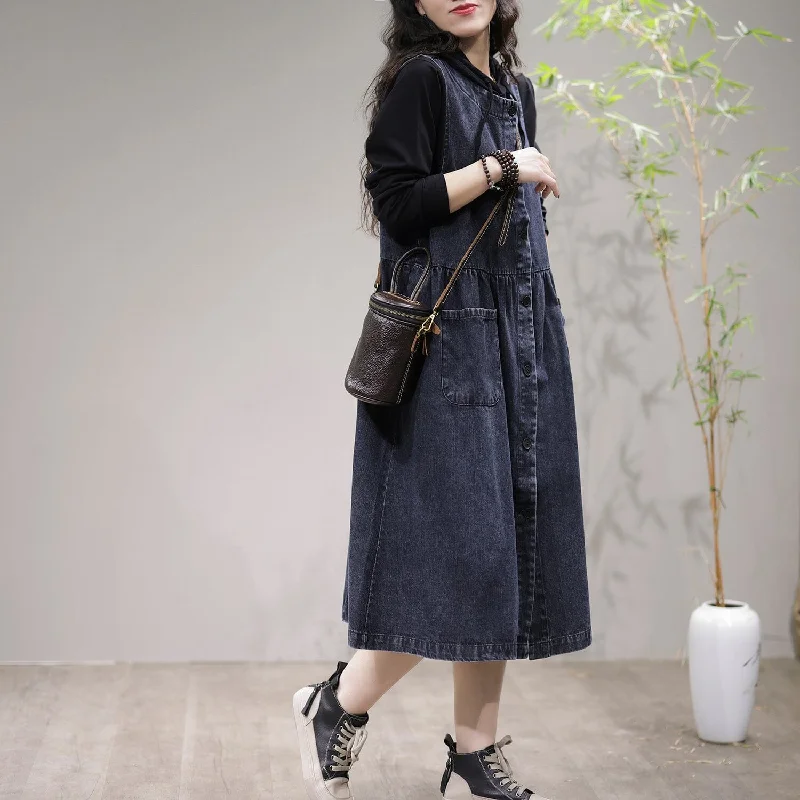 Spring Loose Sleeveless Cotton Denim Midi Dress Trendy Ruffled Sleeve Midi Dress