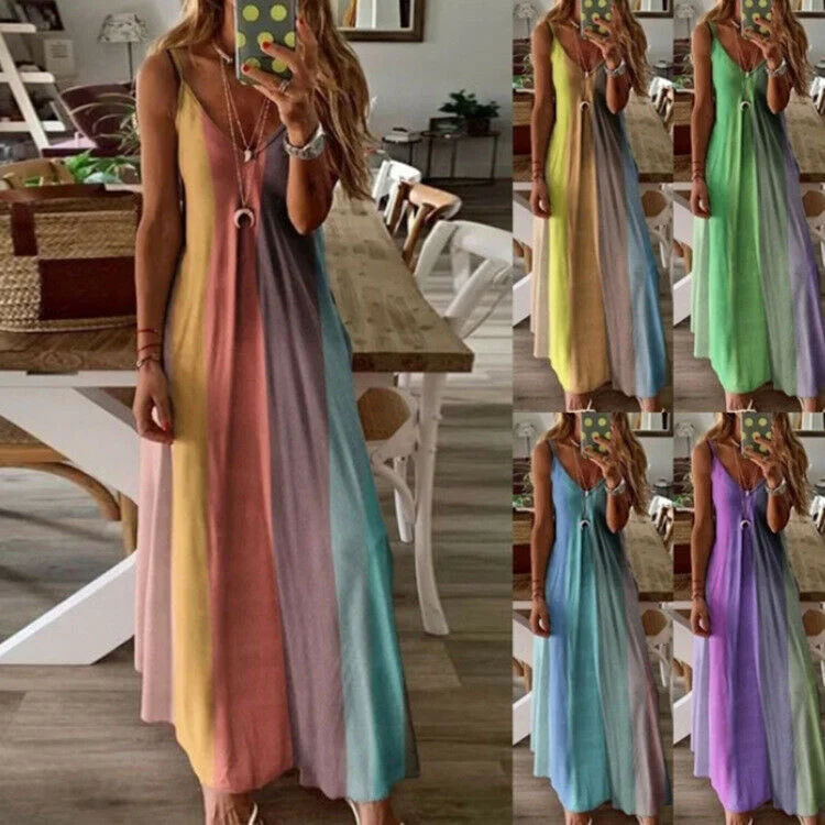 Summer Gradient Long Rainbow Maxi Dress Comfortable Ruffle Hem Maxi Dress