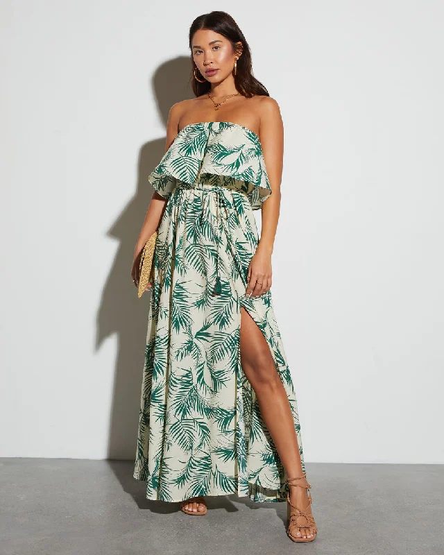 Swaying Palms Strapless Empire Maxi Dress Fashionable Off-Shoulder Maxi Dress