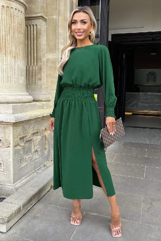 Teal Long Sleeve Shirred Detail Midi Dress Elegant Floral Skirt Midi Dress