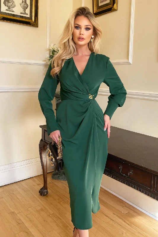 Teal Wrap Gold Buckle Midi Dress Fashionable Wide Leg Midi Dress