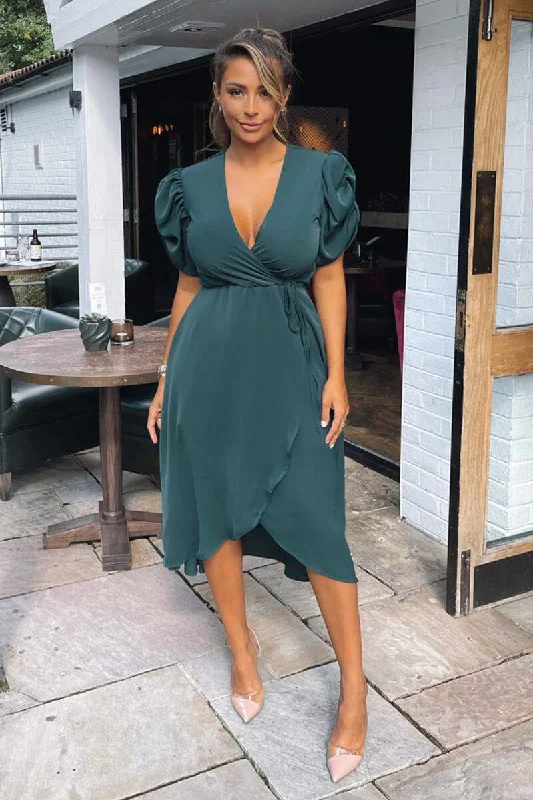 Teal Wrap Over Tie Midi Dress Fashionable Wide Leg Midi Dress