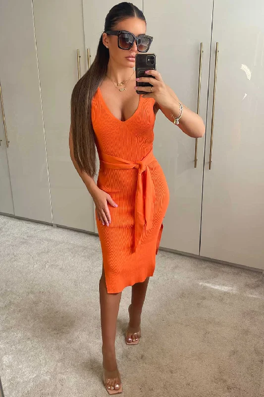 Tie Waist Rib Knit Midi Dress Orange Trendy Off-Shoulder Ruffle Midi Dress