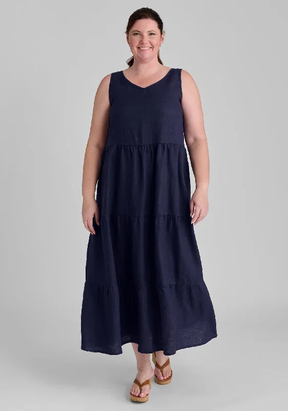 Tiered Dress - Linen Maxi Dress Casual Maxi Dress with Pockets