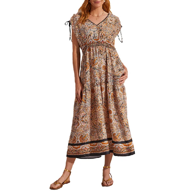 Tribal Border Print Maxi Dress With Shoulder Tie - Caramel Stylish A-Line Maxi Dress