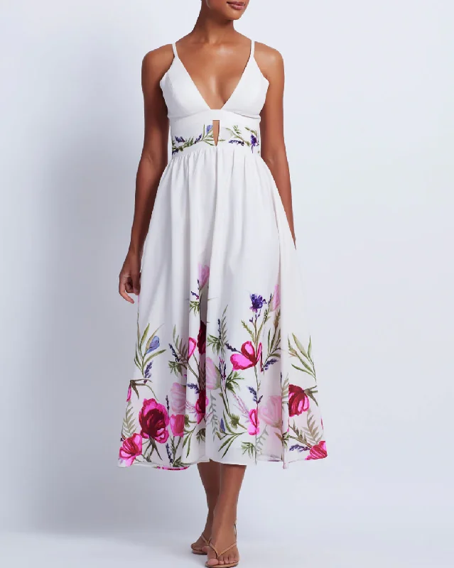 Viera V-Neck Midi Dress - White Fashionable Shift Midi Dress