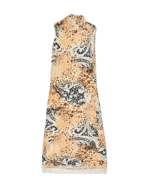 VINTAGE Womens Sleeveless Maxi Dress UK 4 XS Beige Animal Print Trendy Short Sleeve Maxi Dress