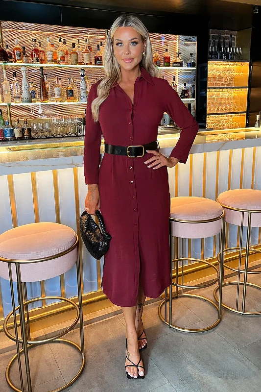 Wine Button Front Belted Shirt Midi Dress Trendy Fit-and-Flare Midi Dress