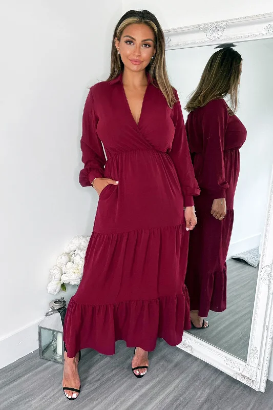 Wine Long Sleeve Wrap Top Smock Midi Dress Fashionable High-Low Midi Dress