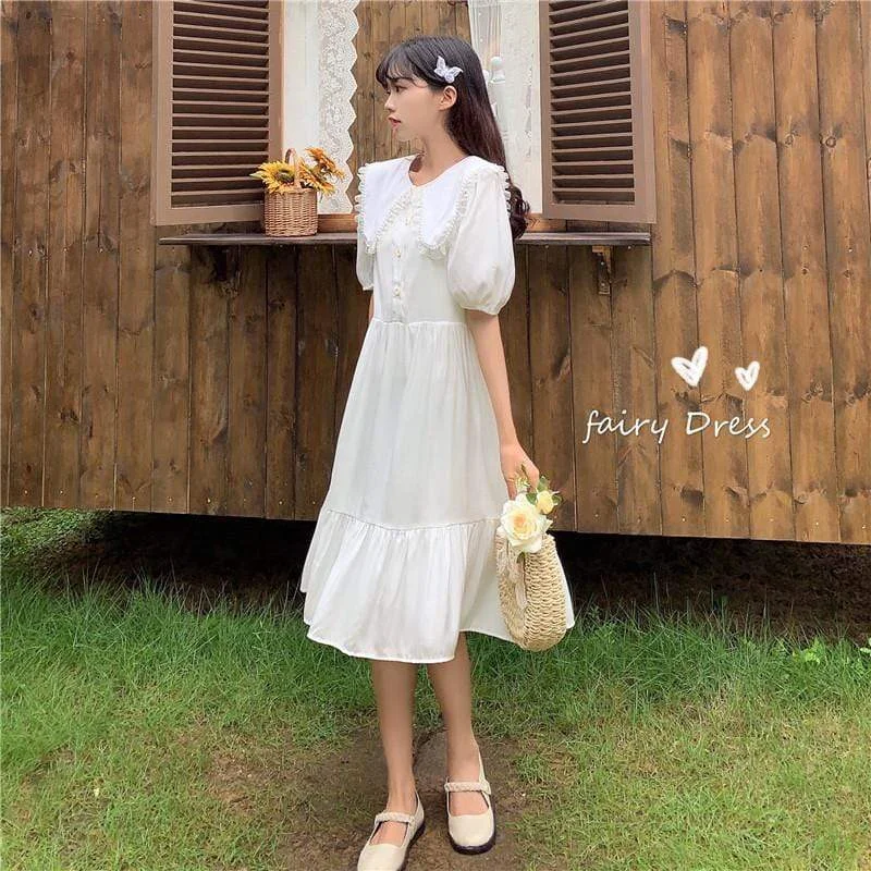 Women's Lovely Peter Pan Collar Pearl Puff Sleeves Maxi Dresses Cozy Ribbed Maxi Dress