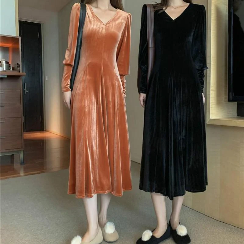 Women's Vintage V-neck Fitted Velet Maxi Dresses Stylish One-Shoulder Maxi Dress