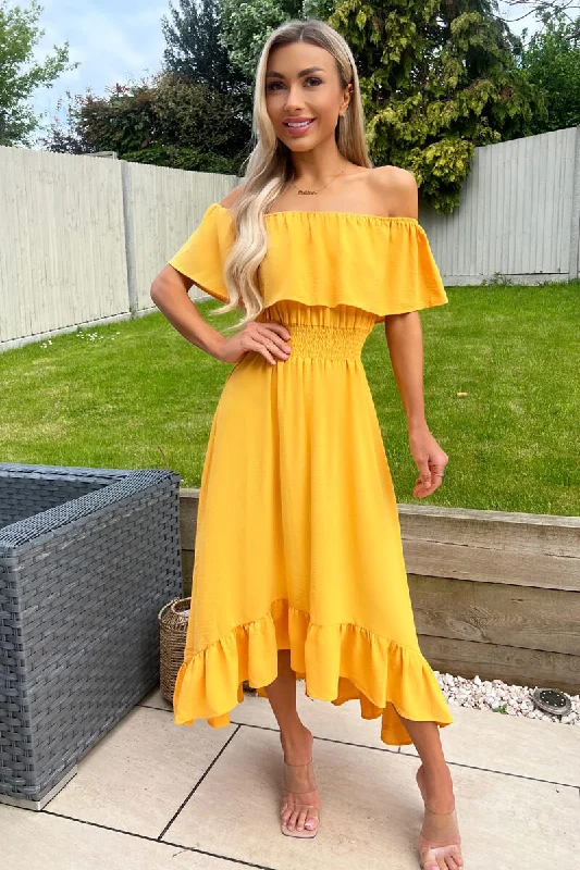 Yellow Bardot Style Midi Dress Fashionable A-Line Midi Dress