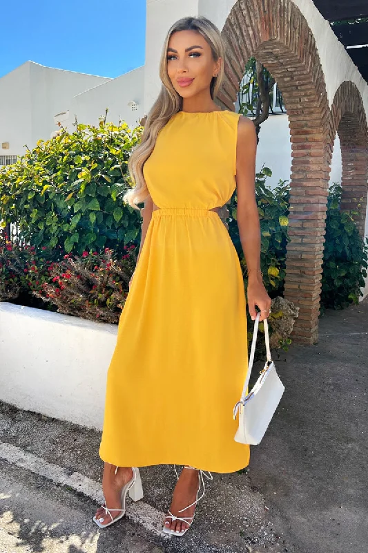 Yellow Cut Out Midi Dress Stylish Cold Shoulder Midi Dress