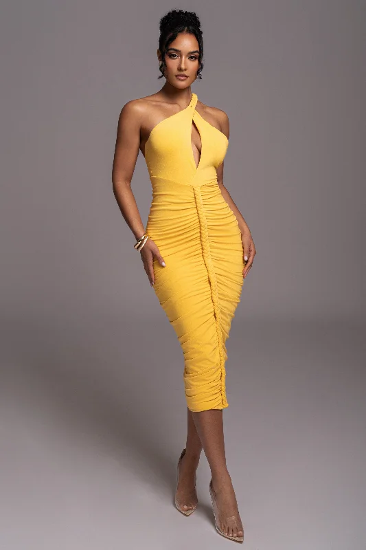 Yellow Jess Ruched Midi Dress Stylish Vintage Midi Dress