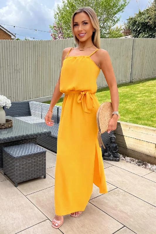 Yellow Tie Waist Strappy Split Leg Midi Dress Stylish Button-Down Midi Dress