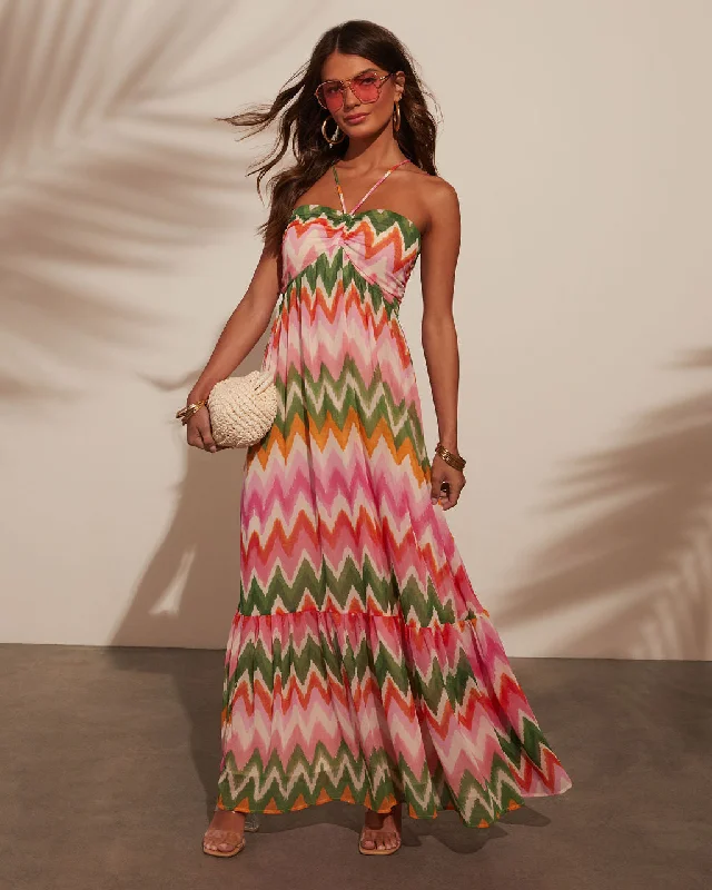 Sunset Tropics Zigzag Print Empire Maxi Dress Comfortable Long-Sleeve Maxi Dress