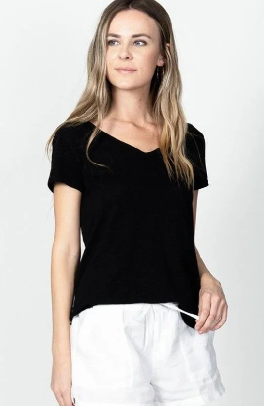 Dylan Slub Cotton Short Sleeve Deep V-Neck Tee Black Rayon Velvet Corduroy