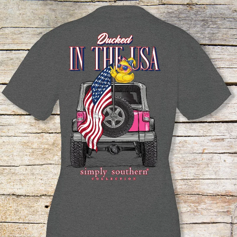 Simply Southern "Ducked In The USA" Jeep Women's Short Sleeve T-Shirt Machine Wash Dry Clean Hand Wash