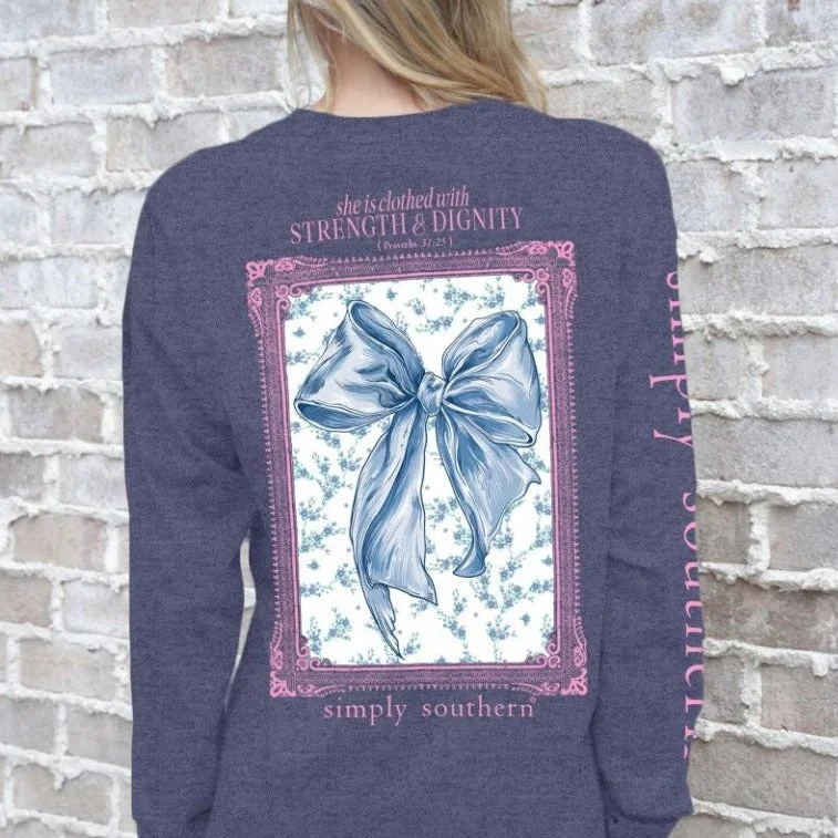 Simply Southern Women's Long Sleeve T-Shirt - "Strength & Dignity" Mesh Blend Leather Blend Suede Blend