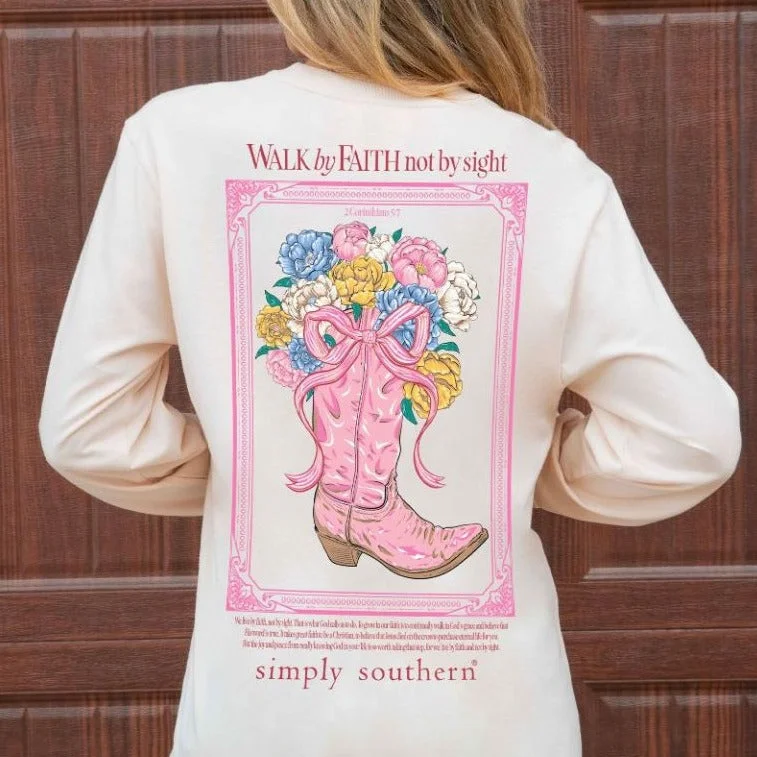 Simply Southern Women's Long Sleeve T-Shirt - "Walk by Faith, Not by Sight" Anti-Shrink Durable Soft